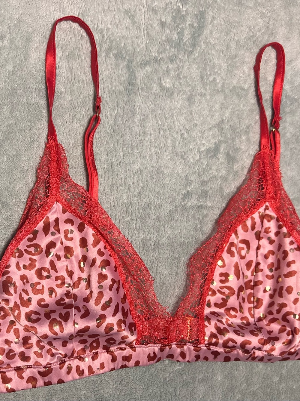 Victoria's Secret Pink Leopard Satin Bralette with Red Lace Trim